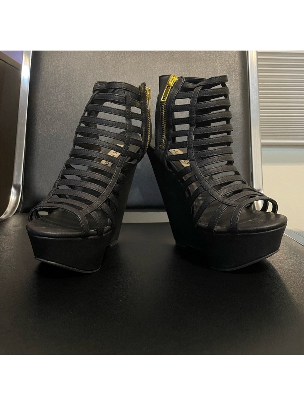 Steve Madden Black Strappy Platform Wedge Sandals with Gold Zip